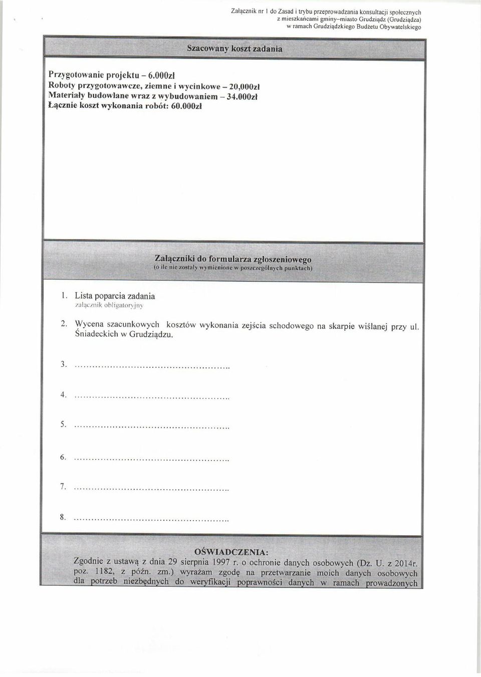 000zl Załączniki do formularza zgłoszeniowego (o ile nie zostały wymienione w poszczególnych punktach) l. Lista poparcia zadania nl;iunik obligaloryjn~ 2.