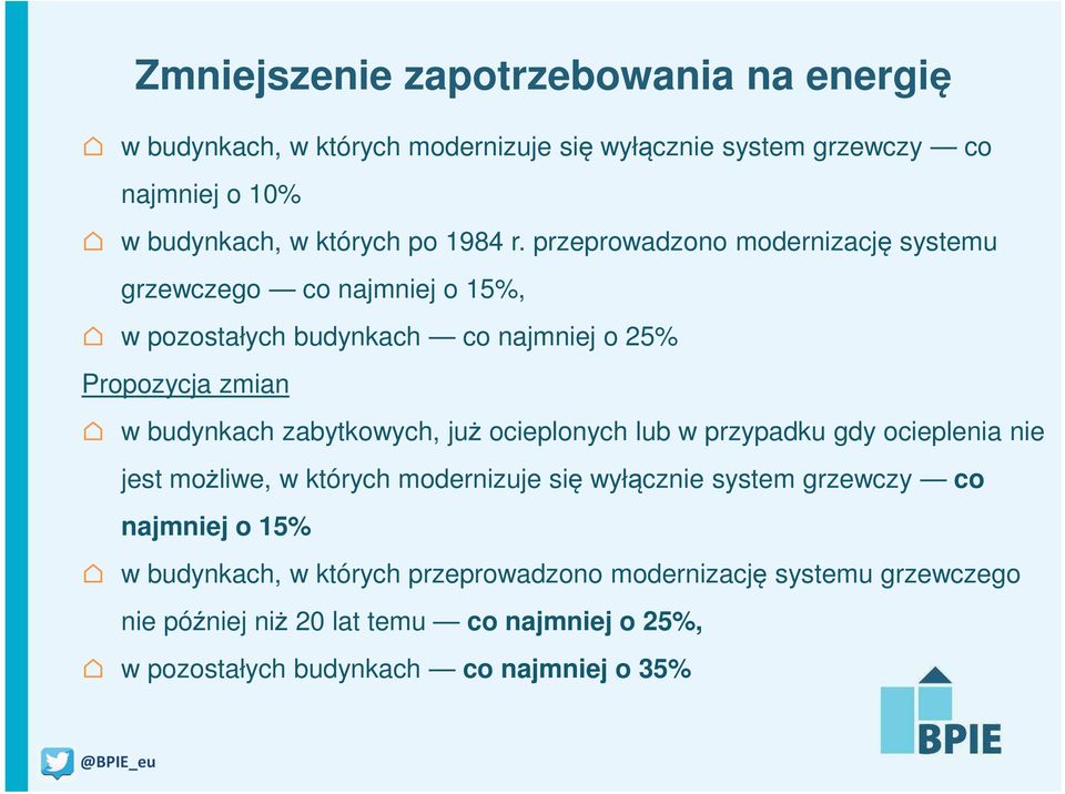 przeprowadzono modernizację systemu grzewczego co najmniej o 15%, w pozostałych budynkach co najmniej o 25% Propozycja zmian w budynkach zabytkowych,