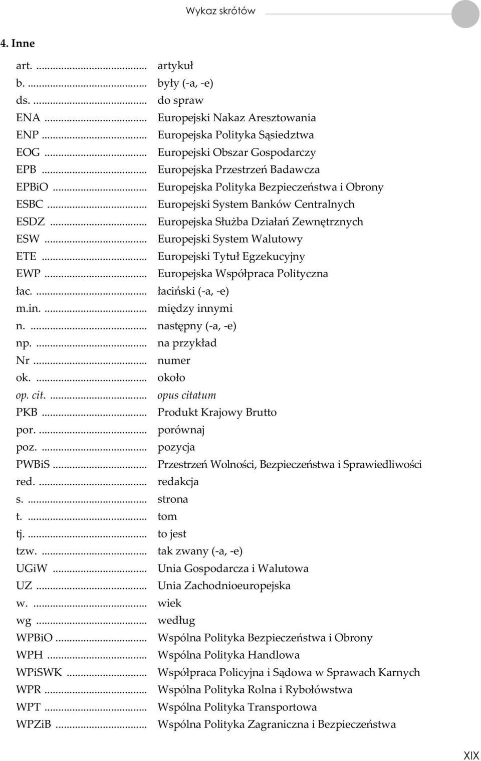 .. Europejski System Walutowy ETE... Europejski Tytu³ Egzekucyjny EWP... Europejska Wspó³praca Polityczna ³ac.... ³aciñski (-a, -e) m.in.... miêdzy innymi n.... nastêpny (-a, -e) np.... na przyk³ad Nr.