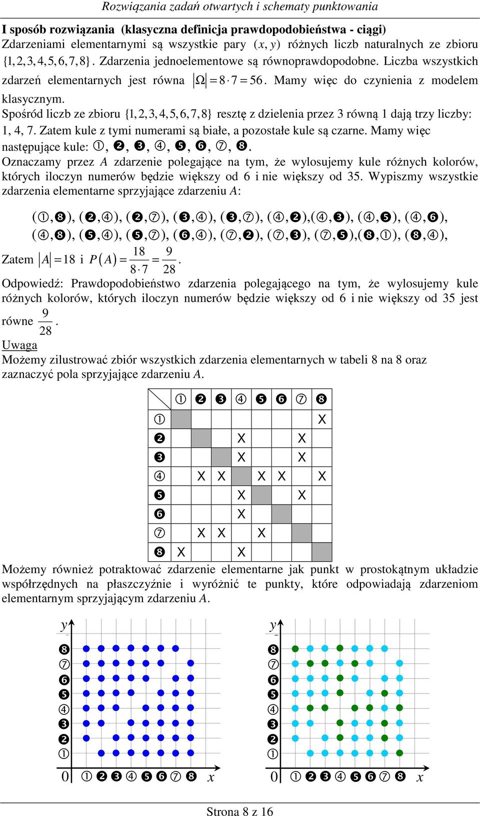 Spośród liczb ze zbioru {,,,,5,6,7,8} resztę z dzielenia przez równą dają trzy liczby:,, 7. Zatem kule z tymi numerami są białe, a pozostałe kule są czarne.