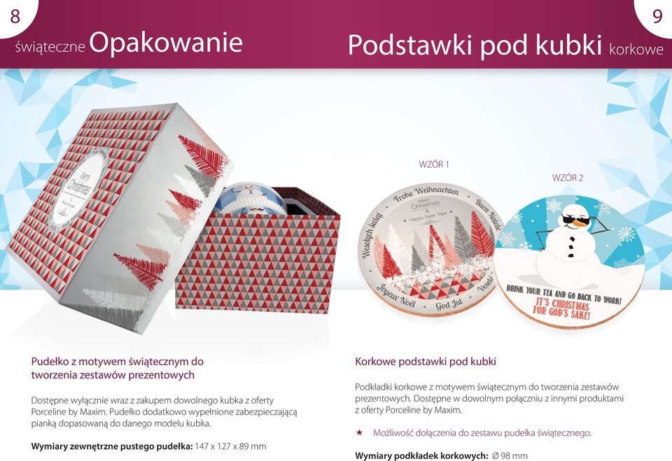 Wymiary zewnętrzne pustego pudełka: 147 x 127 x 89 mm Korkowe podstawki pod kubki Podkładki korkowe z motywem świątecznym do tworzenia zestawów prezentowych.