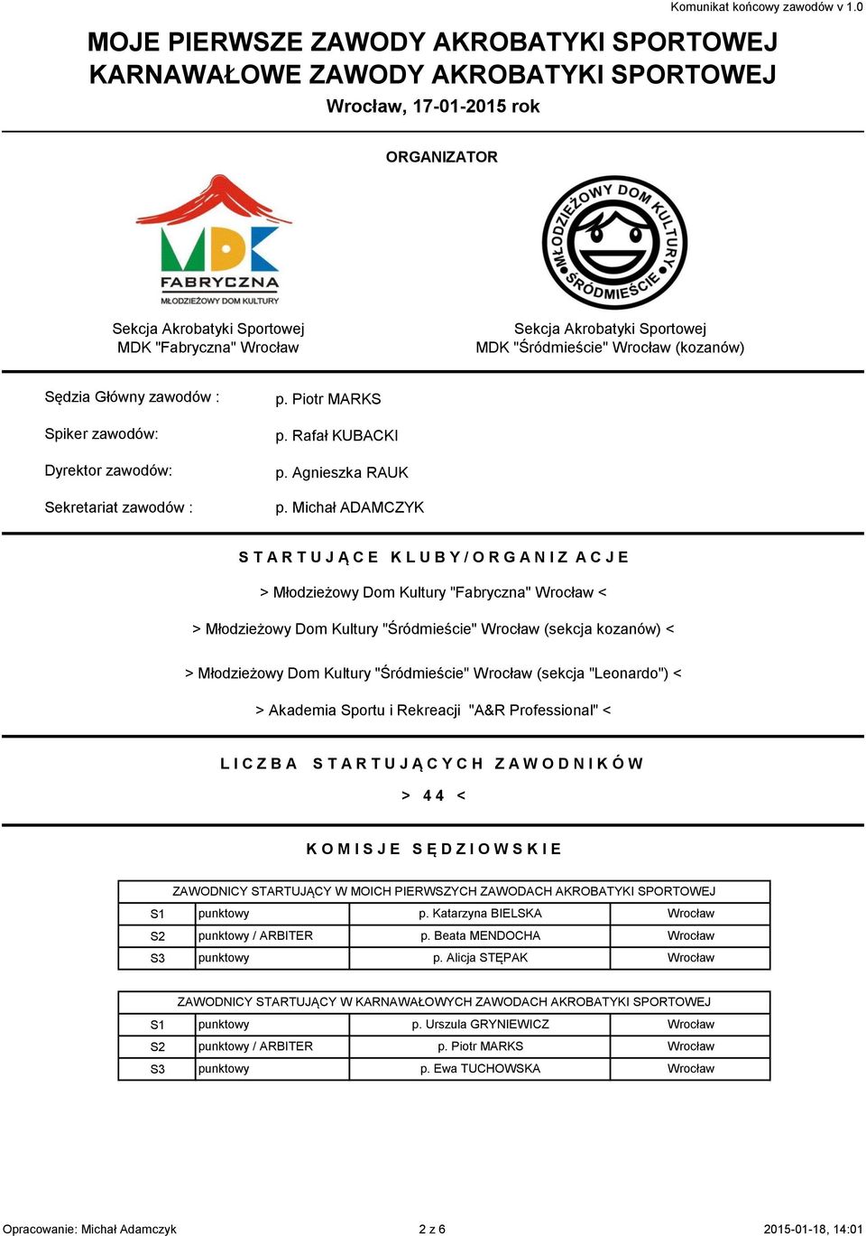 Główny zawodów : Spiker zawodów: Dyrektor zawodów: Sekretariat zawodów : p. Piotr MARKS p. Rafał KUBACKI p. Agnieszka RAUK p.
