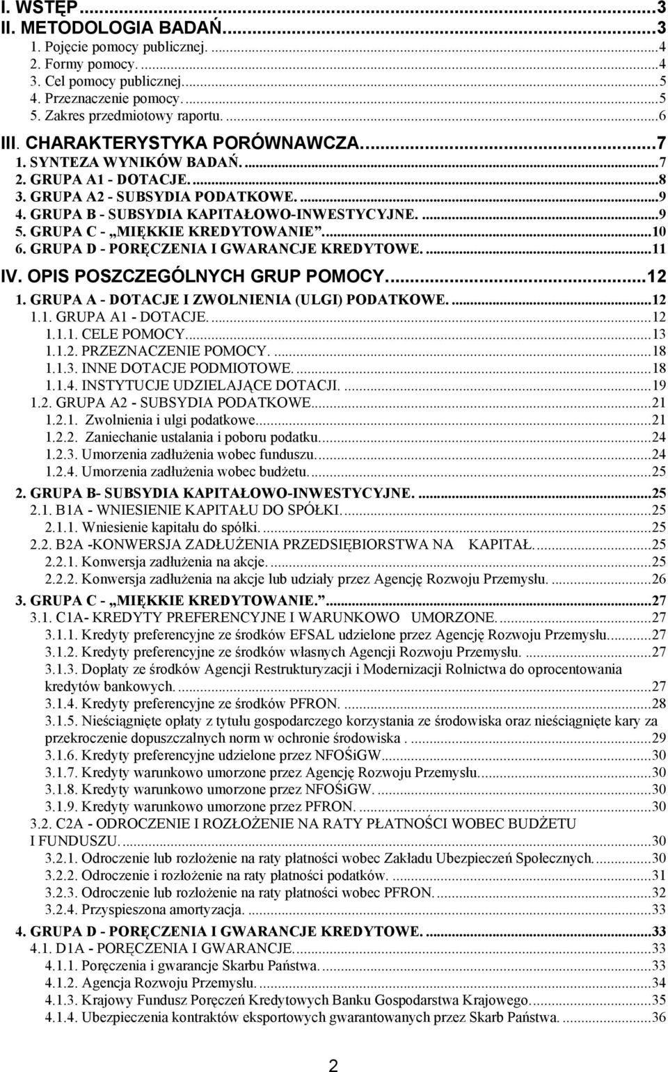 GRUPA C - MIĘKKIE KREDYTOWANIE...10 6. GRUPA D - PORĘCZENIA I GWARANCJE KREDYTOWE....11 IV. OPIS POSZCZEGÓLNYCH GRUP POMOCY...12 1. GRUPA A - DOTACJE I ZWOLNIENIA (ULGI) PODATKOWE....12 1.1. GRUPA A1 - DOTACJE.