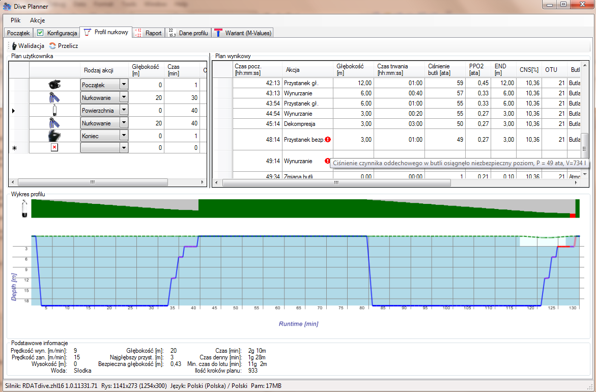 6 Planowanie nurkowania, profil nurkowy. Po wprowadzeniu podstawowych danych konfiguracyjnych możesz przejść do planowania swoich nurkowań.