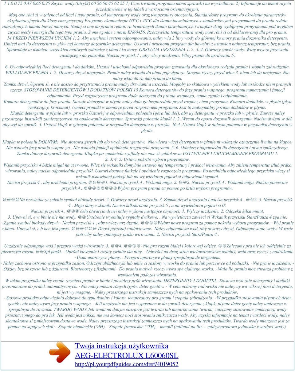 Standardowe programy do okrelenia parametrów eksploatacyjnych dla klasy energetycznej Programy ekonomiczne 60 C i 40 C dla tkanin bawelnianych s standardowymi programami do prania rednio zabrudzonych