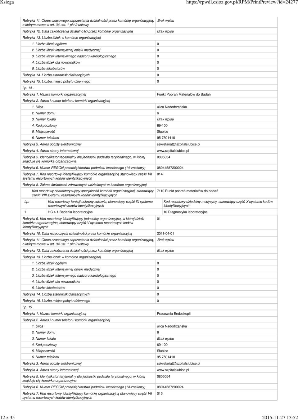 resortowych kodów 4 7110 Punkt pobrań materiałów do badań 1 HC.4.1 Badania laboratoryjne 10 Diagnostyka laboratoryjna 15.