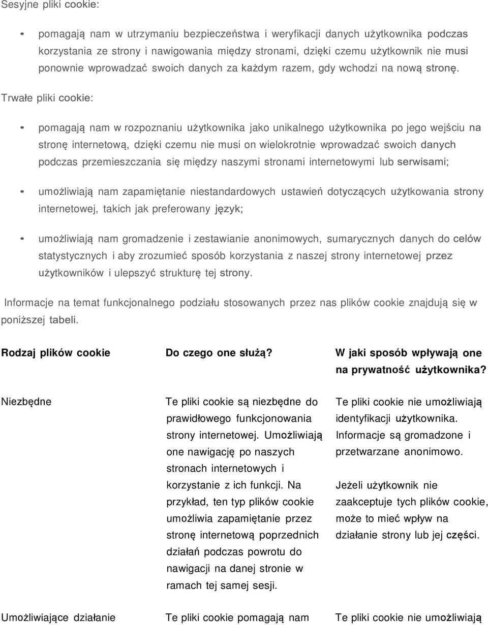 wprowadzać swoich podczas przemieszczania się między naszymi stronami internetowymi lub umożliwiają nam zapamiętanie niestandardowych ustawień dotyczących użytkowania internetowej, takich jak
