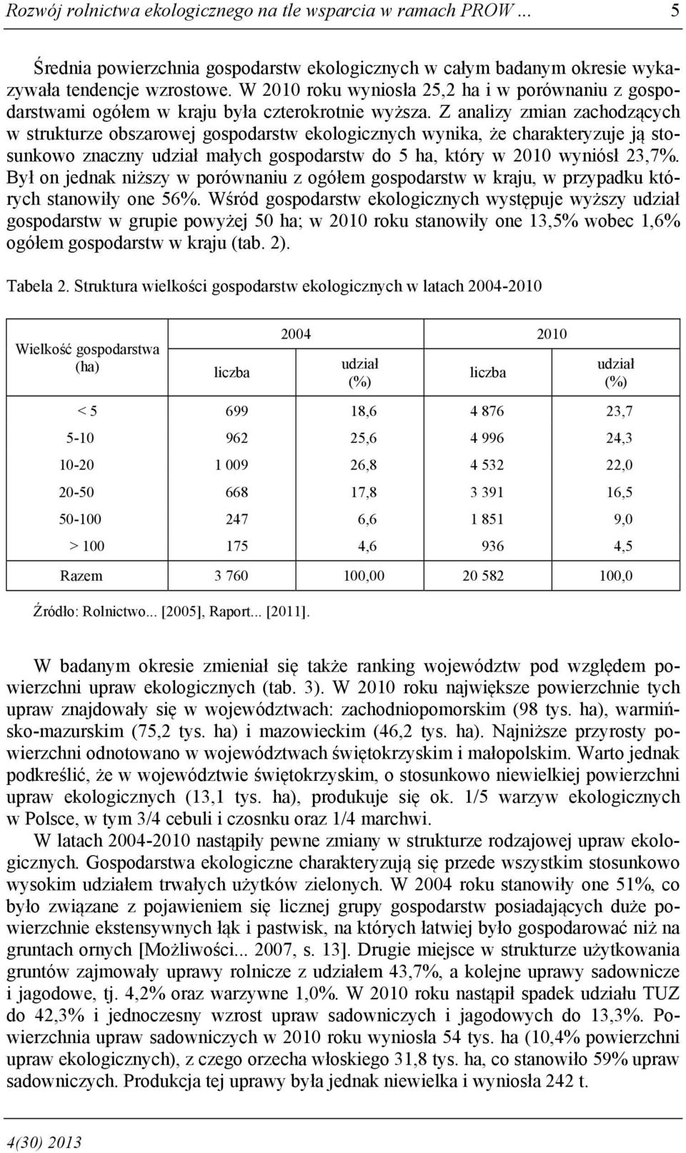 Z analizy zmian zachodzących w strukturze obszarowej gospodarstw ekologicznych wynika, że charakteryzuje ją stosunkowo znaczny udział małych gospodarstw do 5 ha, który w 2010 wyniósł 23,7%.