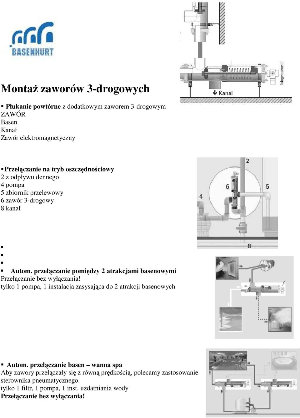 przełączanie pomiędzy 2 atrakcjami basenowymi Przełączanie bez wyłączania! tylko 1 pompa, 1 instalacja zasysająca do 2 atrakcji basenowych Autom.