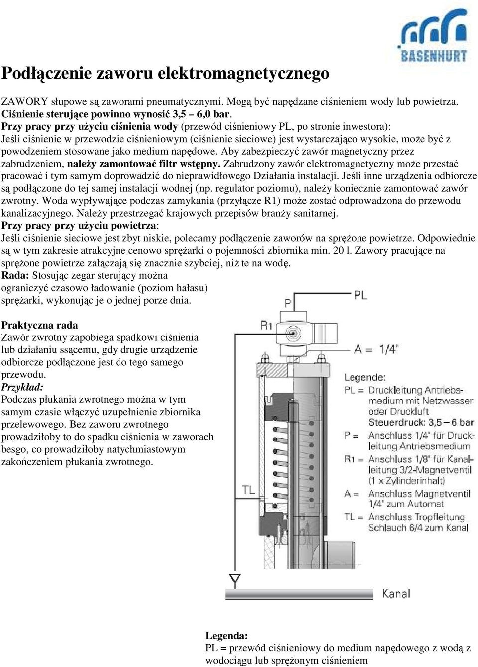 stosowane jako medium napędowe. Aby zabezpieczyć zawór magnetyczny przez zabrudzeniem, należy zamontować filtr wstępny.