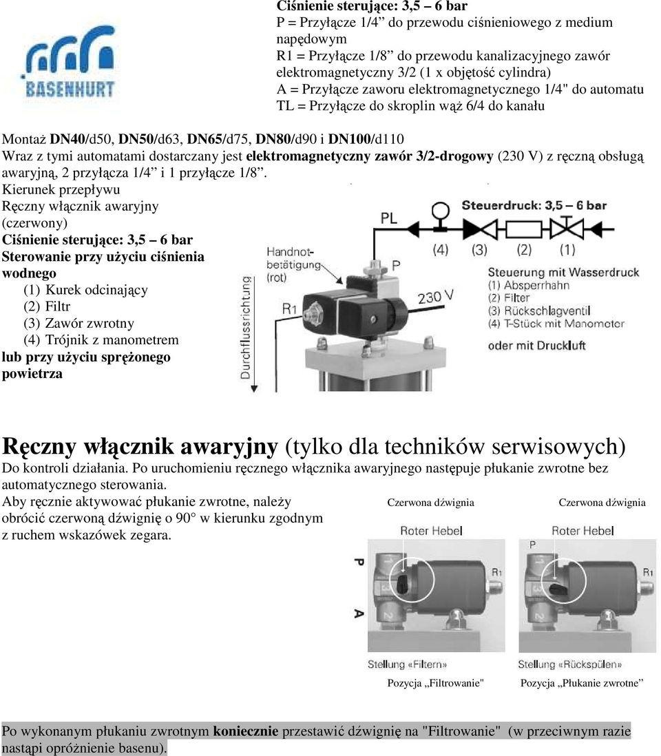 elektromagnetyczny zawór 3/2-drogowy (230 V) z ręczną obsługą awaryjną, 2 przyłącza 1/4 i 1 przyłącze 1/8.