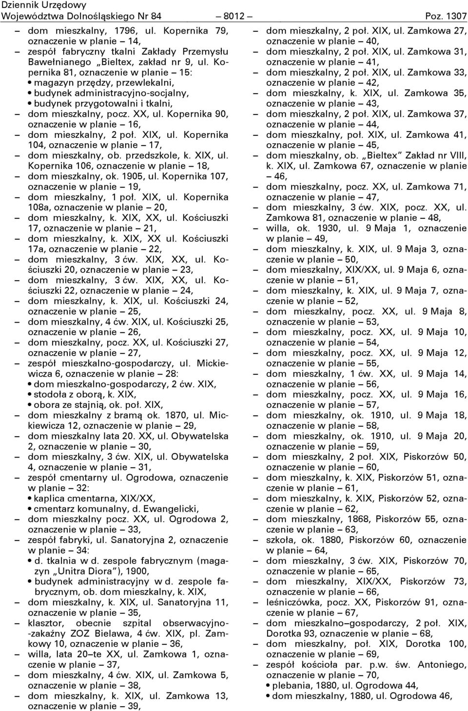 Kopernika 90, oznaczenie w planie 16, dom mieszkalny, 2 poł. XIX, ul. Kopernika 104, oznaczenie w planie 17, dom mieszkalny, ob. przedszkole, k. XIX, ul. Kopernika 106, oznaczenie w planie 18, dom mieszkalny, ok.