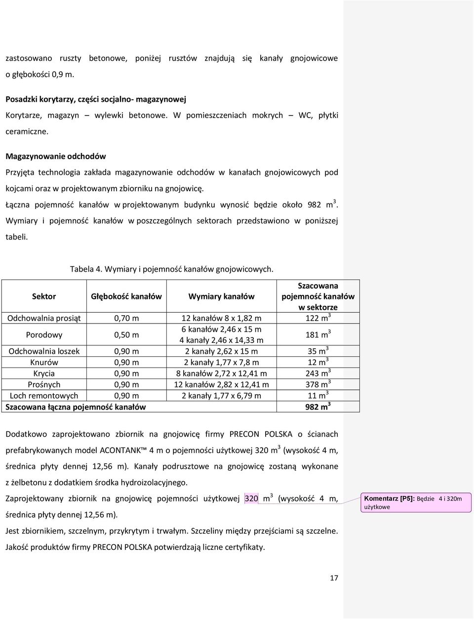 Magazynowanie odchodów Przyjęta technologia zakłada magazynowanie odchodów w kanałach gnojowicowych pod kojcami oraz w projektowanym zbiorniku na gnojowicę.