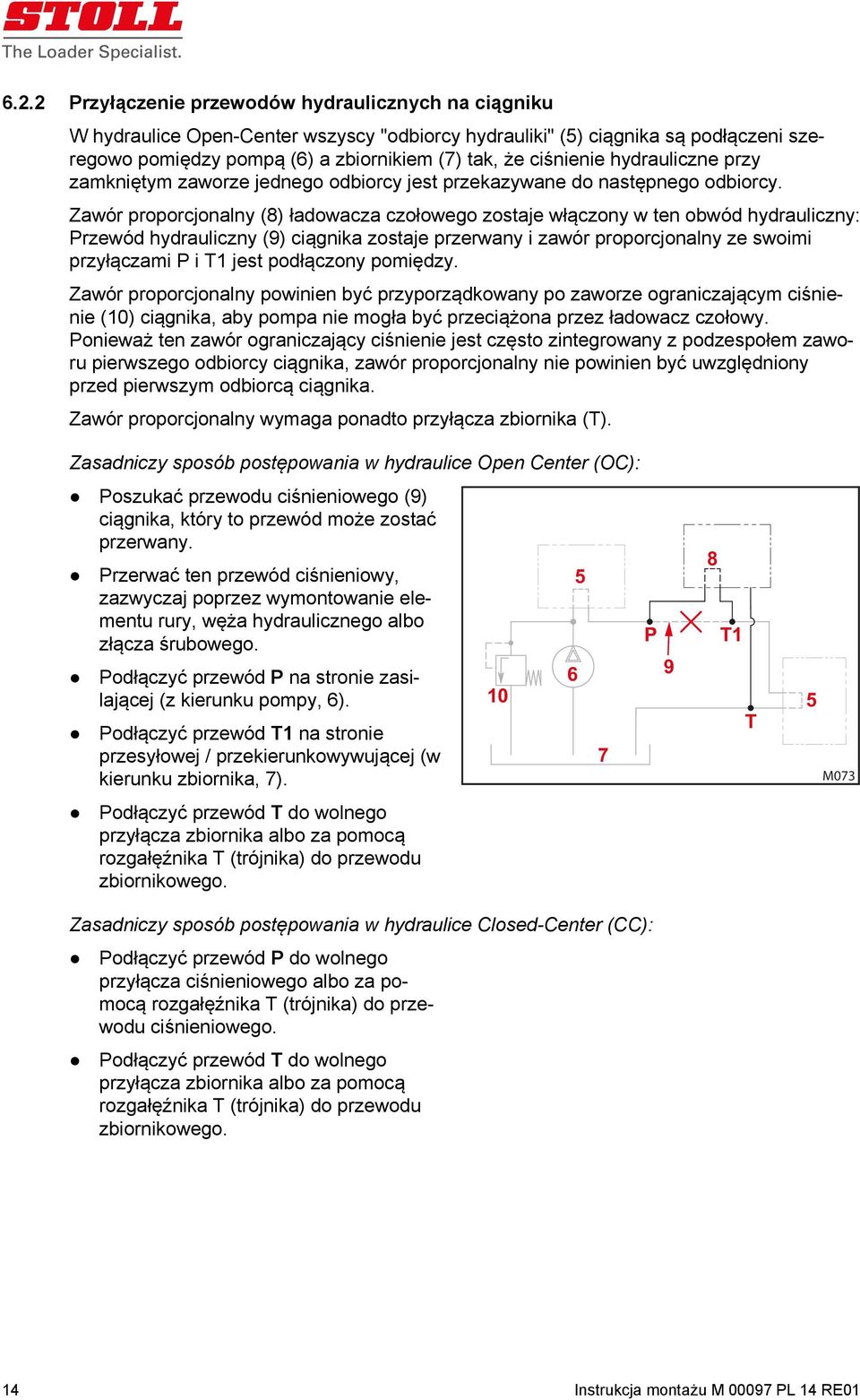 Zawór proporcjonalny (8) ładowacza czołowego zostaje włączony w ten obwód hydrauliczny: Przewód hydrauliczny (9) ciągnika zostaje przerwany i zawór proporcjonalny ze swoimi przyłączami P i T jest