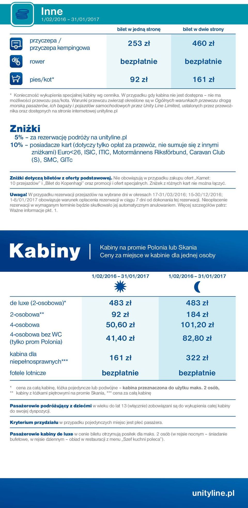 Warunki przewozu zwierząt określone są w Ogólnych warunkach przewozu drogą morską pasażerów, ich bagaży i pojazdów samochodowych przez Unity Line Limited, ustalonych przez przewoźnika oraz dostępnych