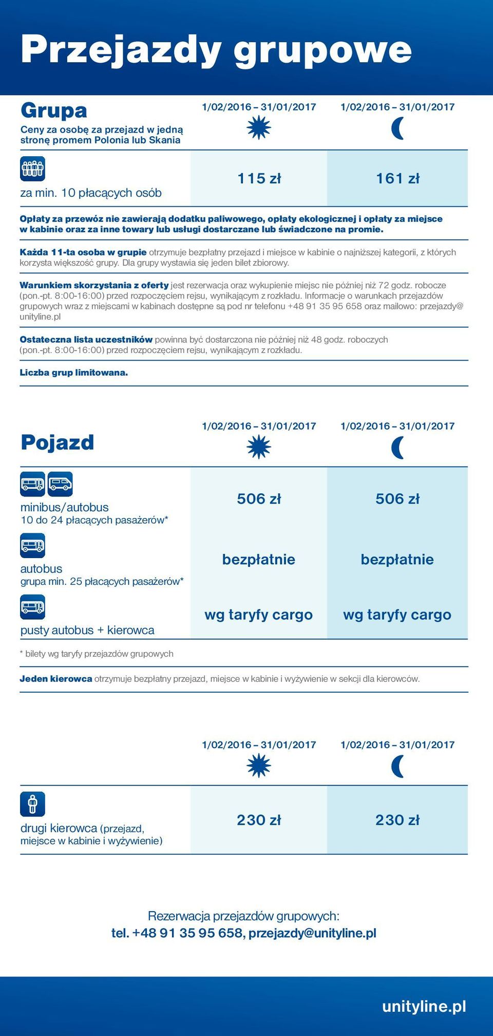 promie. Każda 11-ta osoba w grupie otrzymuje bezpłatny przejazd i miejsce w kabinie o najniższej kategorii, z których korzysta większość grupy. Dla grupy wystawia się jeden bilet zbiorowy.