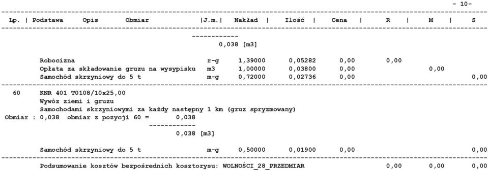 Samochodami skrzyniowymi za każdy następny 1 km (gruz spryzmowany) Obmiar : 0,038 obmiar z pozycji 60 = 0,038 0,038 [m3] Samochód