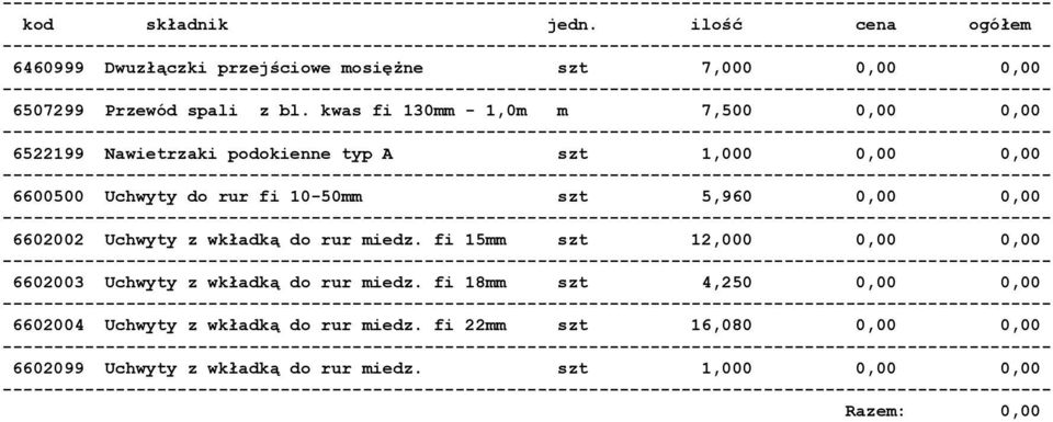 5,960 0,00 0,00 6602002 Uchwyty z wkładką do rur miedz. fi 15mm szt 12,000 0,00 0,00 6602003 Uchwyty z wkładką do rur miedz.