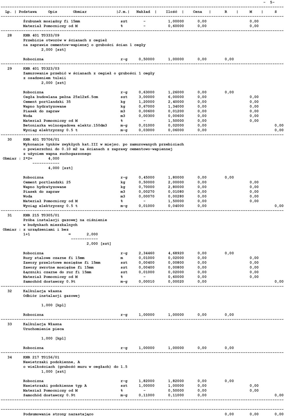 osadzeniem tuleii 2,000 [szt] Robocizna r-g 0,63000 1,26000 0,00 0,00 Cegła budowlana pełna 25x12x6.