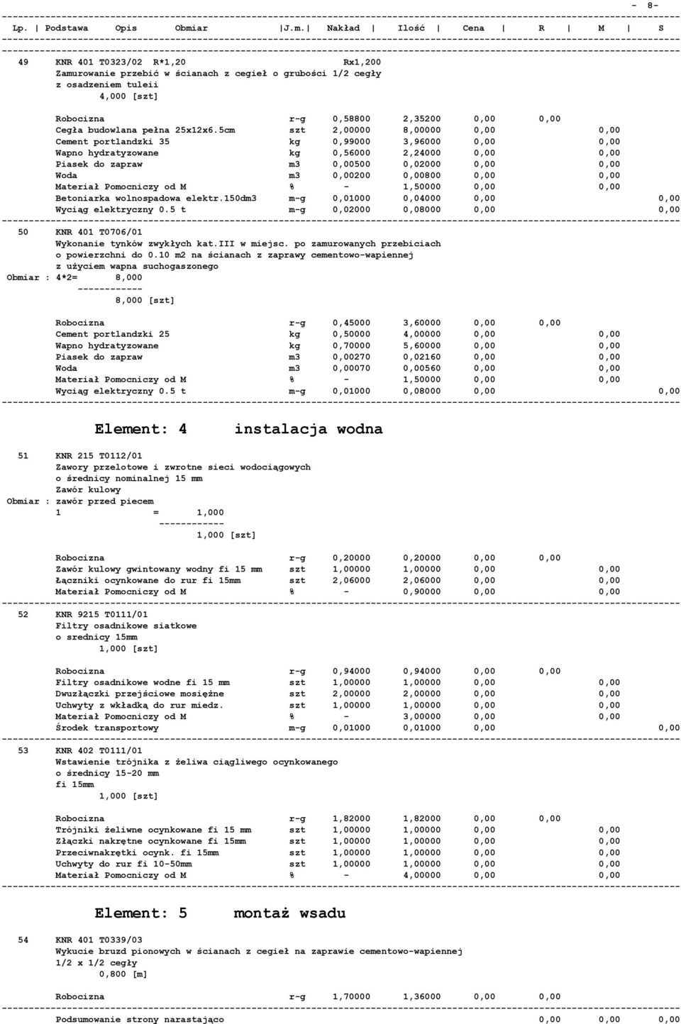 5cm szt 2,00000 8,00000 0,00 0,00 Cement portlandzki 35 kg 0,99000 3,96000 0,00 0,00 Wapno hydratyzowane kg 0,56000 2,24000 0,00 0,00 Piasek do zapraw m3 0,00500 0,02000 0,00 0,00 Woda m3 0,00200