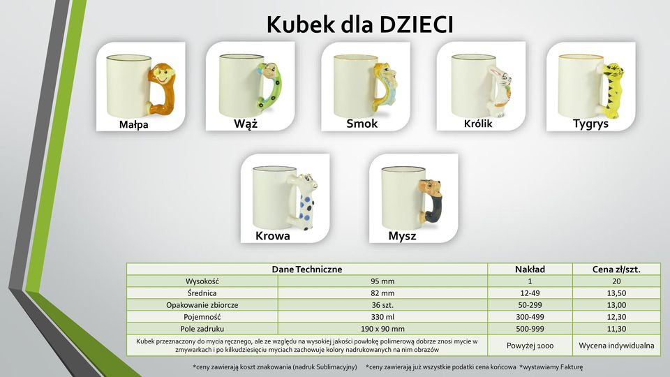 50-299 13,00 Pojemność 330 ml 300-499 12,30 Pole zadruku 190 x 90 mm 500-999 11,30 Kubek przeznaczony