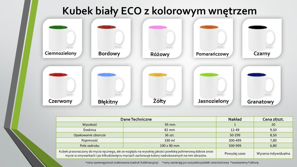 50-299 8,50 Pojemność 330 ml 300-499 7,80 Pole zadruku 190 x 90 mm 500-999 6,80 Kubek przeznaczony do mycia ręcznego, ale