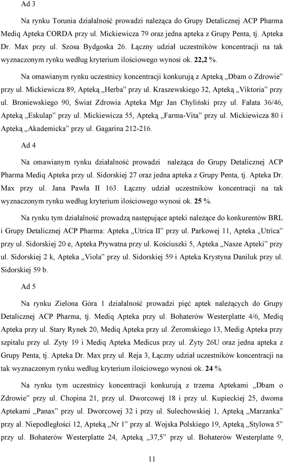 Na omawianym rynku uczestnicy koncentracji konkurują z Apteką Dbam o Zdrowie przy ul. Mickiewicza 89, Apteką Herba przy ul. Kraszewskiego 32, Apteką Viktoria przy ul.