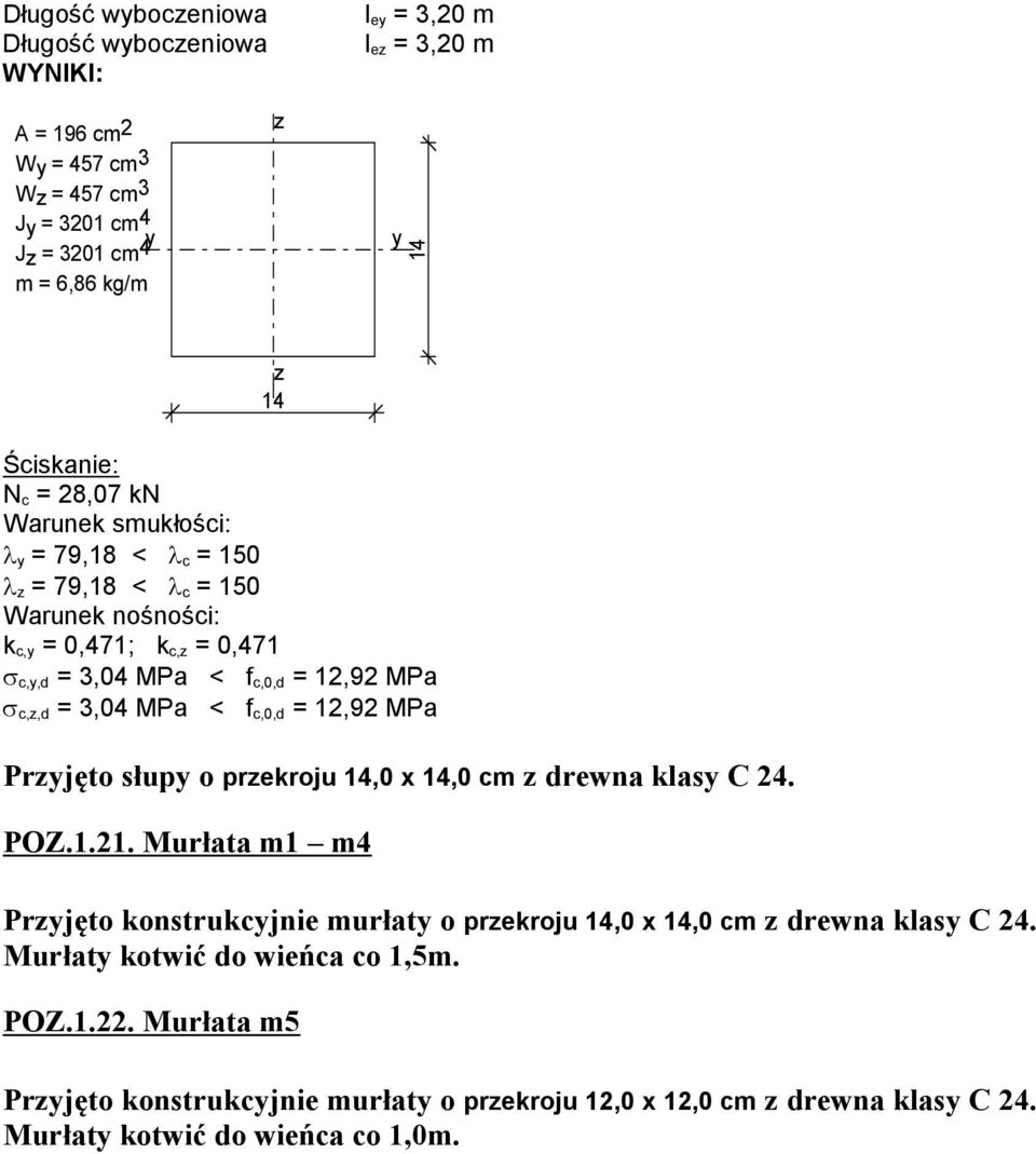 3,04 MPa < f c,0,d = 12,92 MPa Prjęto słup o prekroju 14,0 x 14,0 cm drewna klas C 24. POZ.1.21.