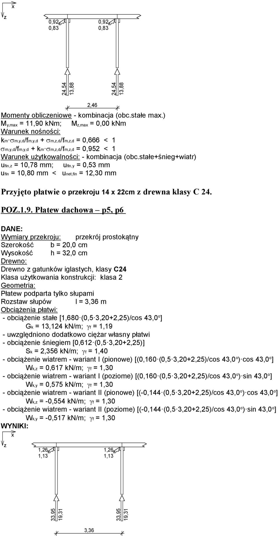 stałe+śnieg+wiatr) ufin, = 10,78 mm; ufin, = 0,53 mm ufin = 10,80 mm < unet,fin = 12,30 mm Prjęto płatwie o prekroju 14 x 22cm drewna klas C 24. POZ.1.9.