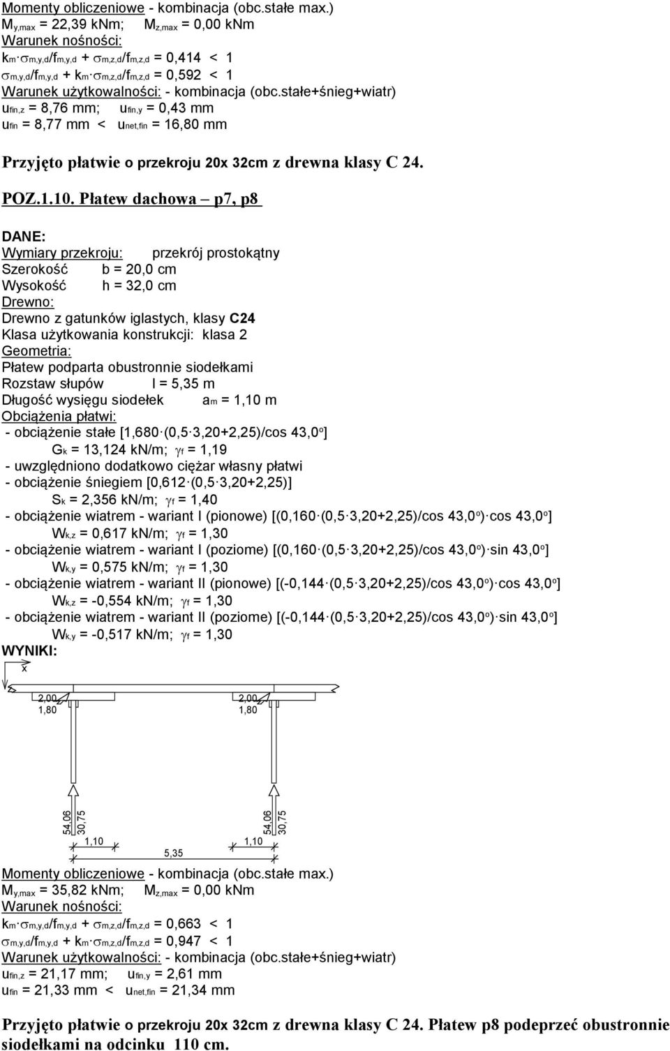 stałe+śnieg+wiatr) ufin, = 8,76 mm; ufin, = 0,43 mm ufin = 8,77 mm < unet,fin = 16,80 mm Prjęto płatwie o prekroju 20x 32cm drewna klas C 24. POZ.1.10.