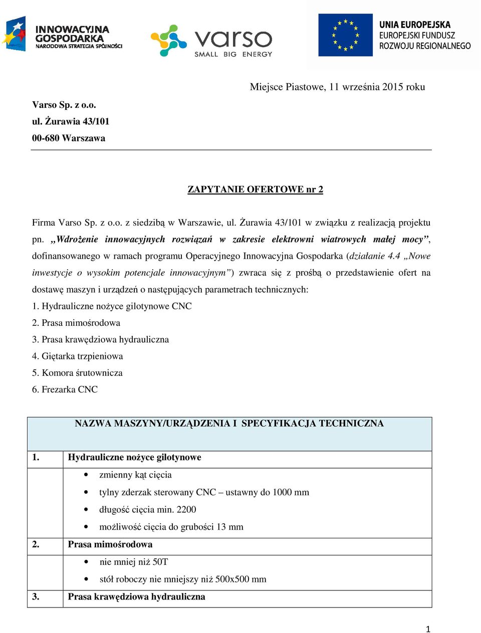 Wdrożenie innowacyjnych rozwiązań w zakresie elektrowni wiatrowych małej mocy, dofinansowanego w ramach programu Operacyjnego Innowacyjna Gospodarka (działanie 4.