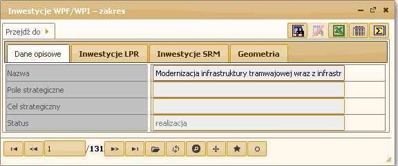 Obiekt zawiera opis atrybutowy oraz geometryczny dot. pojedyńczej inwestycji WPF/WPI. Obiekt posiada reprezentację graficzną na mapie. Sposób reprezenatcji uzależniona jest od powiększenia mapy.