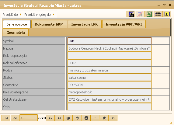 2.2.1 Podstawowe dane inwestycji SRM Podstawowe atrybuty dokumentu SRM przedstawione są na zakładce "Dane opisowe". Dokument strategii miasta opisany jest następującymi atrybutami: Dane dot.