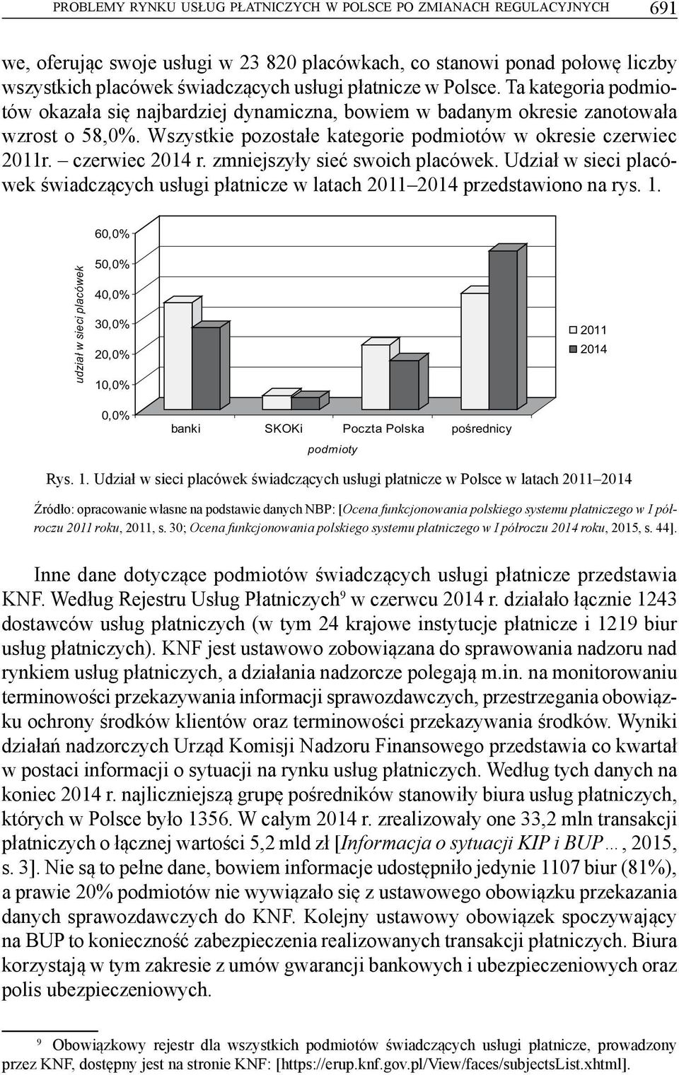 czerwiec 2014 r. zmniejszyły sieć swoich placówek. Udział w sieci placówek świadczących usługi płatnicze w latach 2011 2014 przedstawiono na rys. 1.