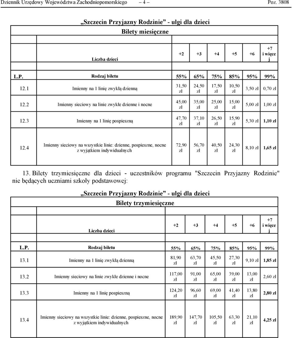3 na 1 linię pospieszną 47,70 37,10 26,50 15,90 5,30 1,10 12.4 sieciowy na wszystkie linie: dzienne, pospieszne, nocne z wyjątkiem indywidualnych 72,90 56,70 40,50 24,30 8,10 1,65 13.