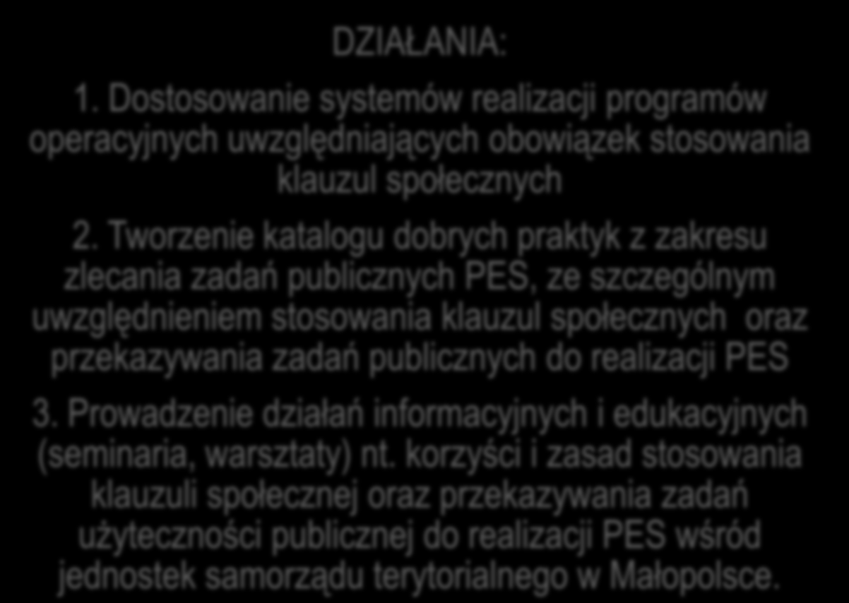 MIEJSCE KLAUZUL SPOŁECZNYCH W WIELOLETNIM REGIONALNYM PLANIE DZIAŁAŃ NA RZECZ ES Cel główny 2: Profesjonalnie działające na konkurencyjnym rynku podmioty ekonomii społecznej, skutecznie realizujące