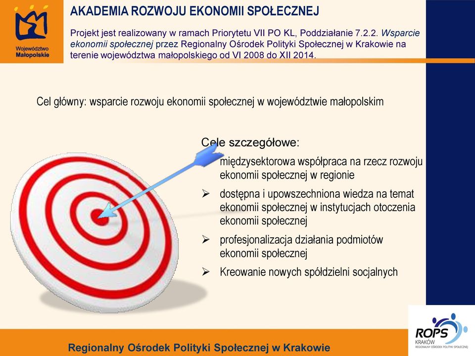 Cel główny: wsparcie rozwoju ekonomii społecznej w województwie małopolskim Cele szczegółowe: międzysektorowa współpraca na rzecz rozwoju ekonomii społecznej w regionie