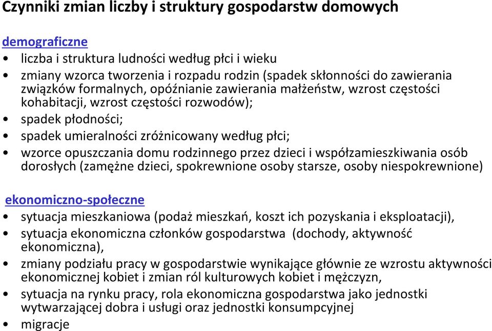 rodzinnego przez dzieci i współzamieszkiwania osób dorosłych (zamężne dzieci, spokrewnione osoby starsze, osoby niespokrewnione) ekonomiczno-społeczne sytuacja mieszkaniowa (podaż mieszkań, koszt ich