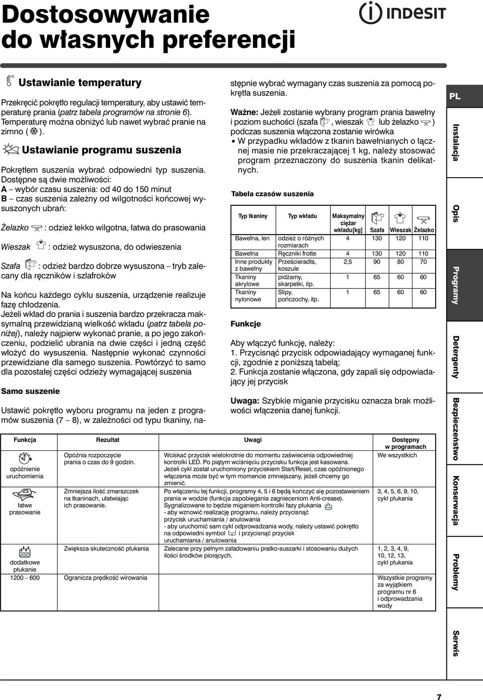 Dost pne sà dwie mo liwoêci: A wybór czasu suszenia: od 40 do 150 minut B czas suszenia zale ny od wilgotnoêci koƒcowej wysuszonych ubraƒ: elazko Wieszak : odzie lekko wilgotna, atwa do prasowania :