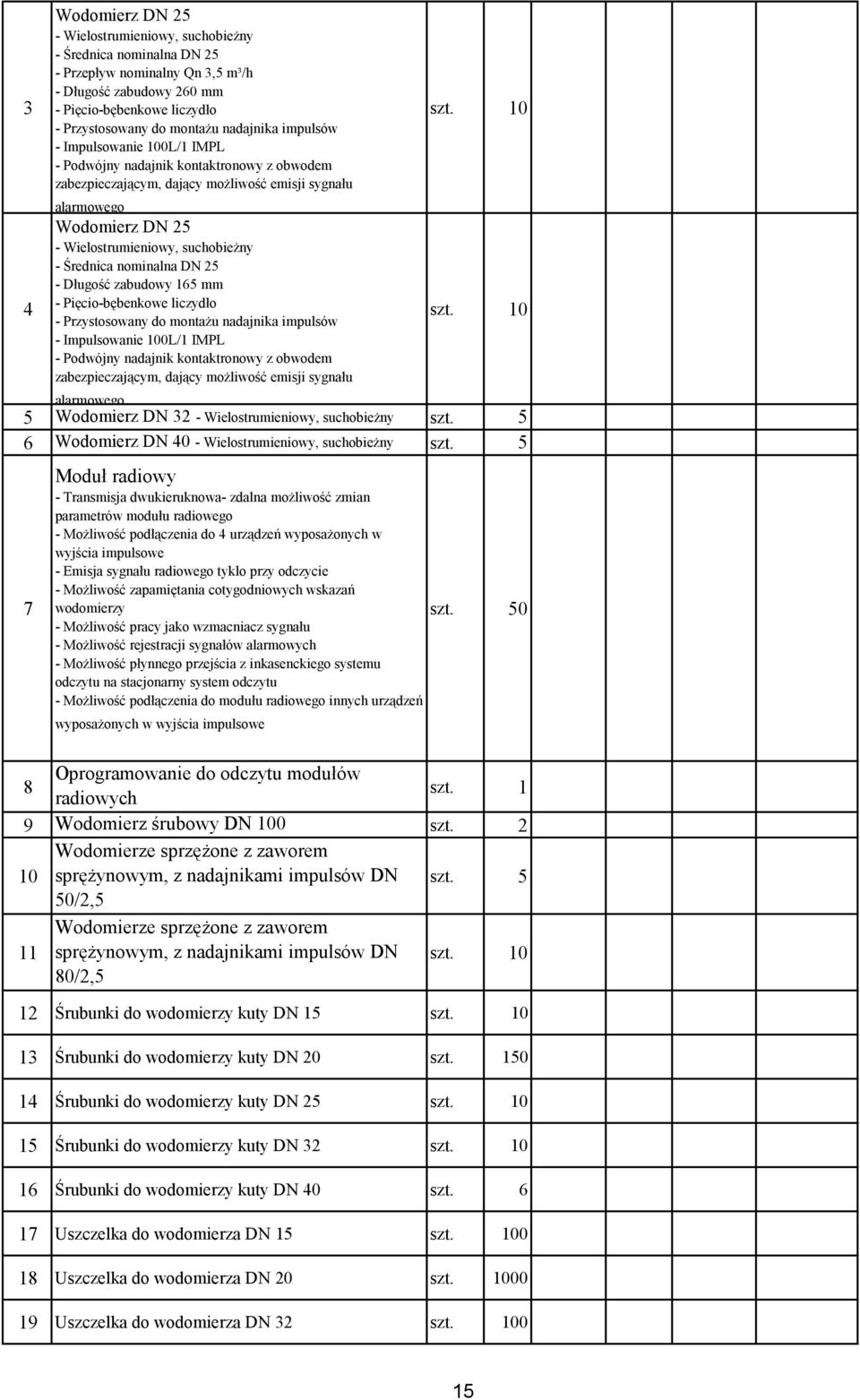 - Średnica nominalna DN 25 - Długość zabudowy 165 mm - Pięcio-bębenkowe liczydło - Przystosowany do montażu nadajnika impulsów - Impulsowanie 100L/1 IMPL - Podwójny nadajnik kontaktronowy z obwodem