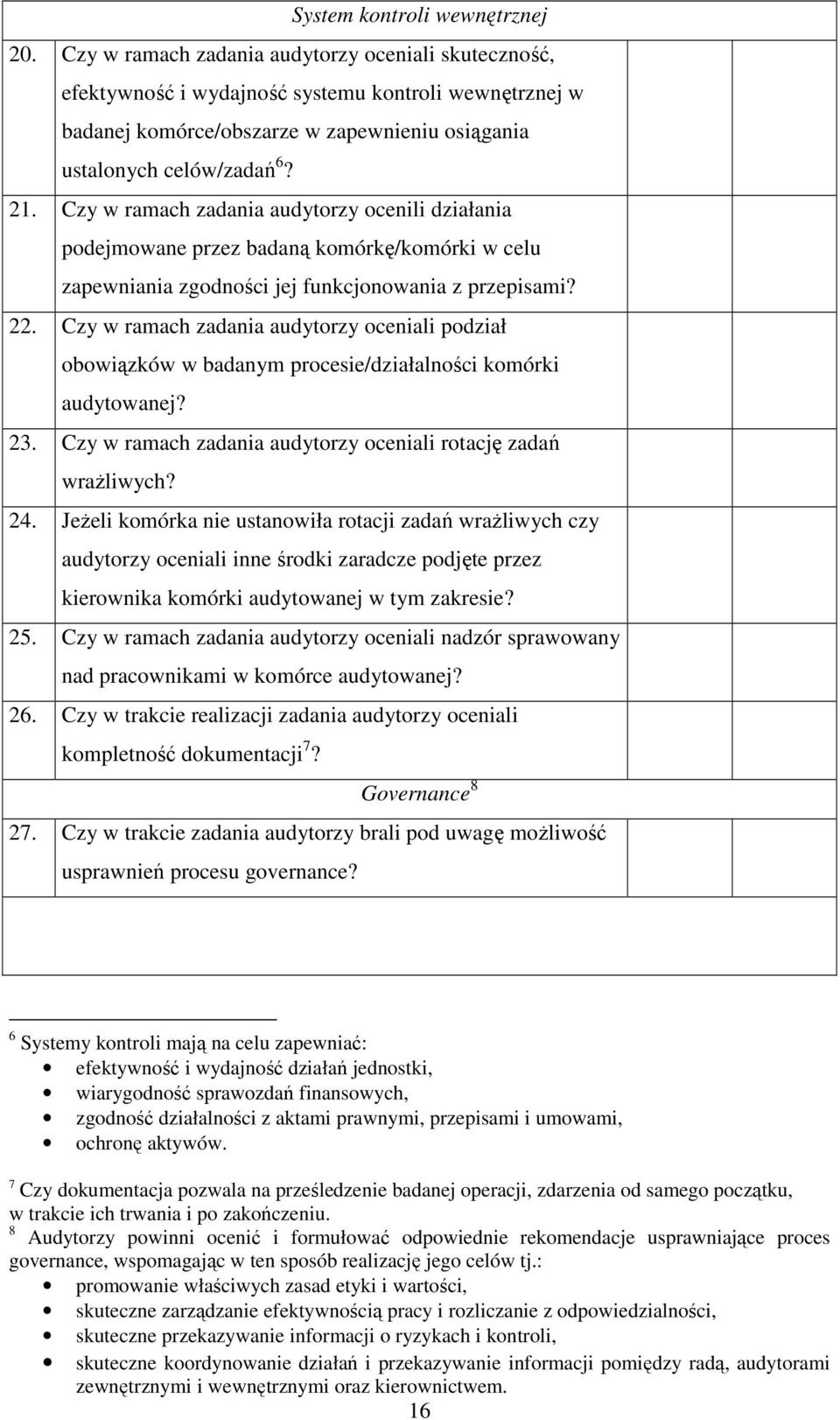 Czy w ramach zadania audytorzy ocenili działania podejmowane przez badaną komórkę/komórki w celu zapewniania zgodności jej funkcjonowania z przepisami? 22.