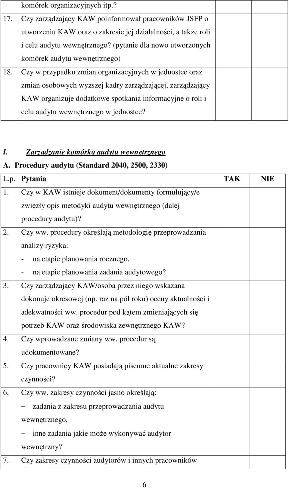 Czy w przypadku zmian organizacyjnych w jednostce oraz zmian osobowych wyŝszej kadry zarządzającej, zarządzający KAW organizuje dodatkowe spotkania informacyjne o roli i celu audytu wewnętrznego w