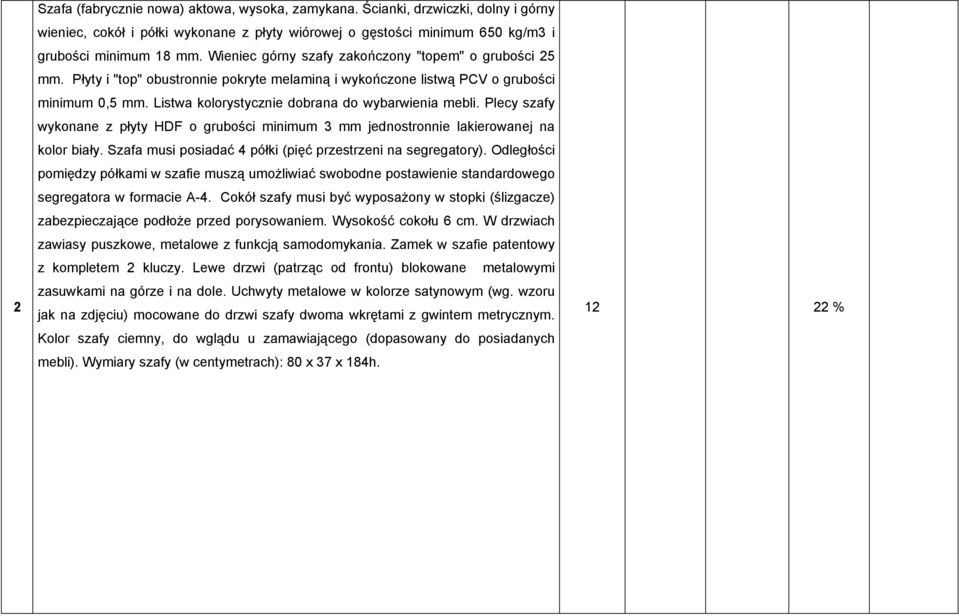 Listwa kolorystycznie dobrana do wybarwienia mebli. Plecy szafy wykonane z płyty HDF o grubości minimum 3 mm jednostronnie lakierowanej na kolor biały.