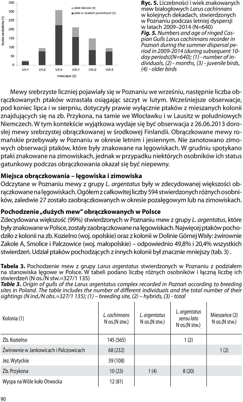 Liczebności i wiek znakowanych mew białogłowych Larus cachinnans w kolejnych dekadach, stwierdzonych w Poznaniu podczas letniej dyspersji w latach 2009 2014 (N=640) Fig. 5.