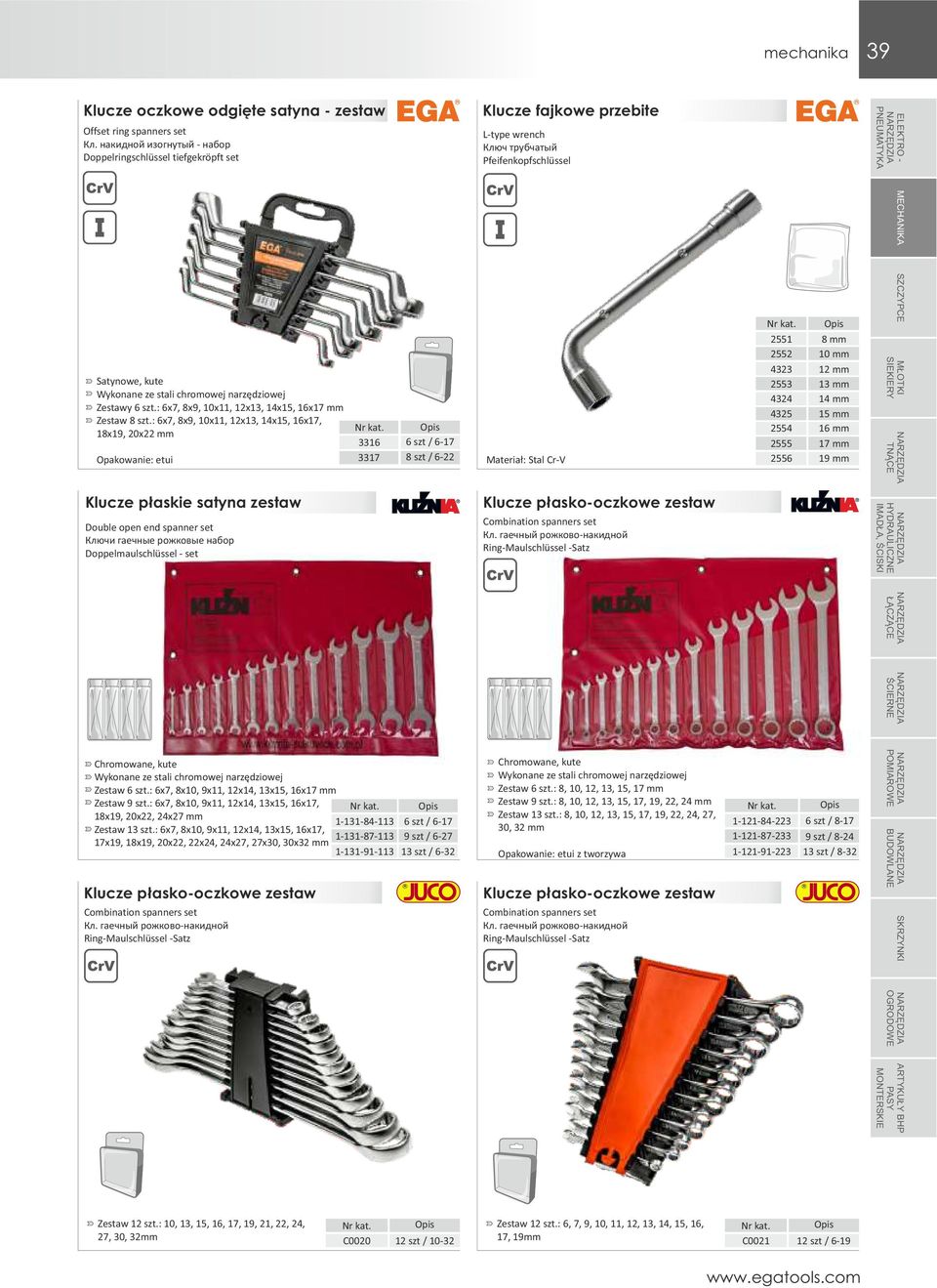 Zestawy 6 szt.: 6x7, 8x9, 10x11, 12x13, 14x15, 16x17 mm Zestaw 8 szt.
