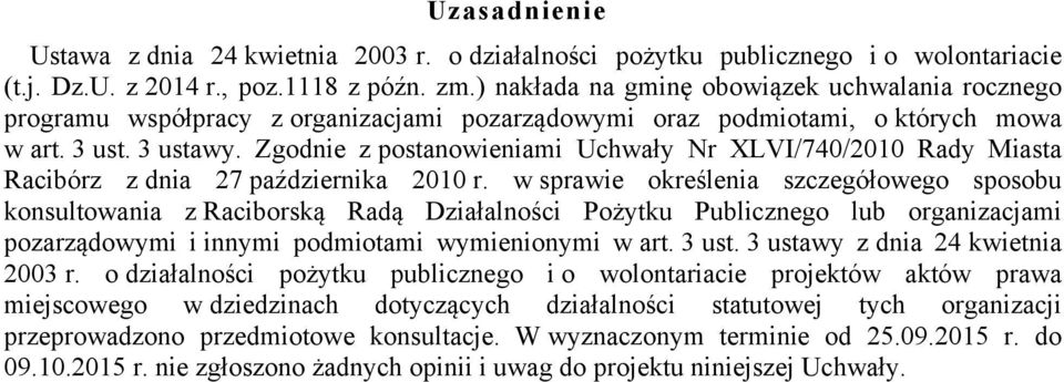 Zgodnie z postanowieniami Uchwały Nr XLVI/740/2010 Rady Miasta Racibórz z dnia 27 października 2010 r.