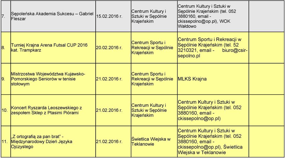 MLKS Krajna stołowym 10. Koncert Ryszarda Leoszewskiego z zespołem Sklep z Ptasimi Piórami 21.02.2016 r.