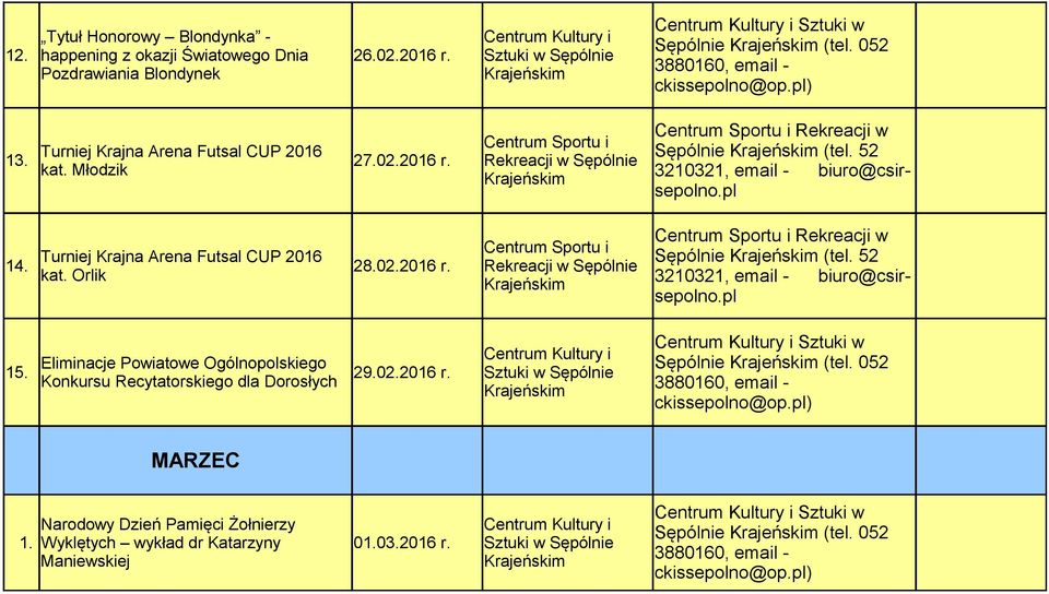 Eliminacje Powiatowe Ogólnopolskiego Konkursu Recytatorskiego dla Dorosłych 29.02.2016 r. Rekreacji w Sępólnie (tel.