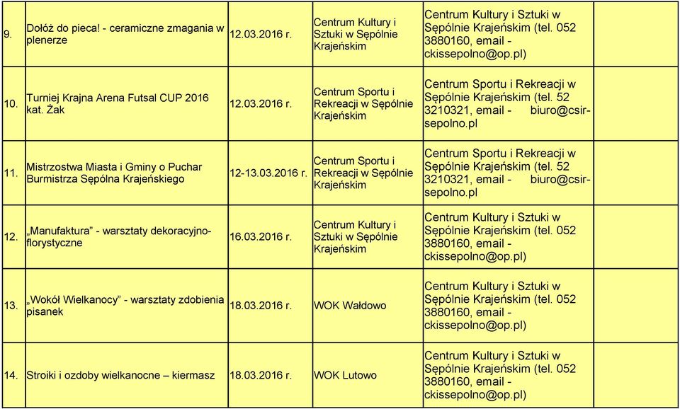 16.03.2016 r. Rekreacji w Sępólnie (tel. 52 Rekreacji w Sępólnie (tel. 52 Wokół Wielkanocy - warsztaty zdobienia 13. 18.