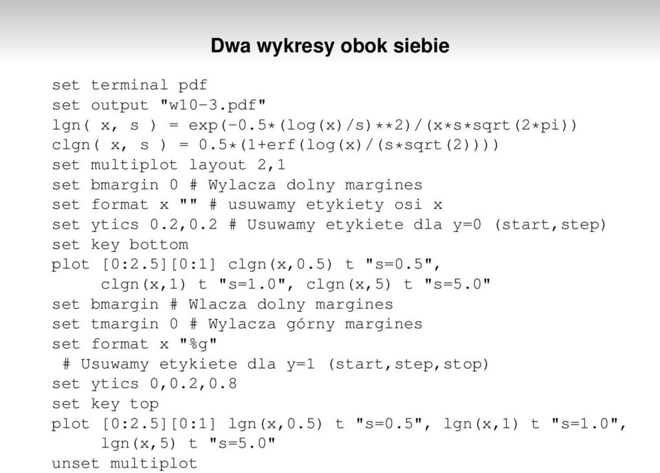 2 # Usuwamy etykiete dla y=0 (start,step) set key bottom plot [0:2.5][0:1] clgn(x,0.5) t "s=0.5", clgn(x,1) t "s=1.0", clgn(x,5) t "s=5.